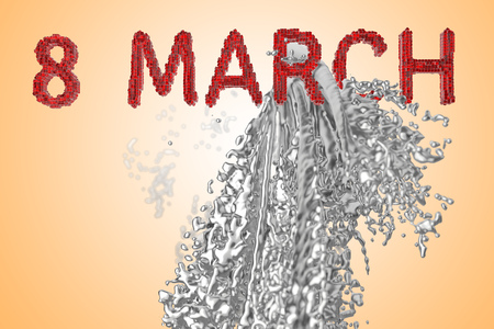 8 March symbol. Figure of eight made of red glass blocks boxes over colorful background with paint, water or wine splash. Can be used as a decorative greeting grungy or postcard for international Woman's Day 3d illustration.の写真素材