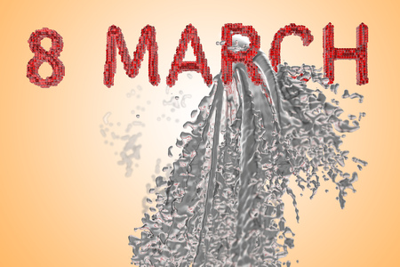 8 March symbol. Figure of eight made of red glass blocks boxes over colorful background with paint, water or wine splash. Can be used as a decorative greeting grungy or postcard for international Woman's Day 3d illustration.の写真素材