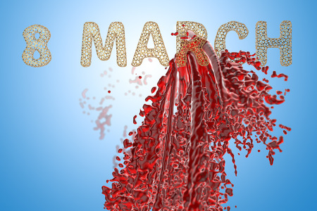 8 March symbol. Figure of eight made of gold wire over colorful background with paint, water or wine splash. Can be used as a decorative greeting grungy or postcard for international Woman's Day 3d illustration.の写真素材