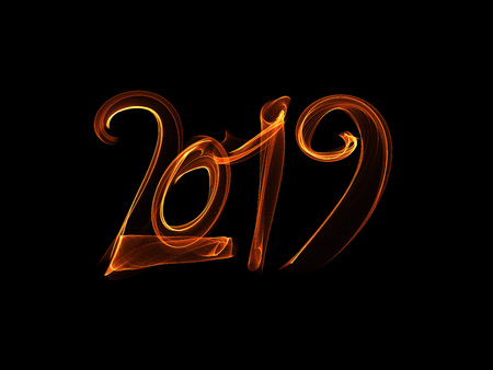 Happy new year 2019 isolated numbers lettering written with white fire flame or smoke on black...