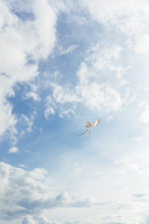 White kite flying against the blue sky full of clouds. Vertical imageの写真素材