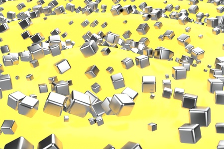 Silver or white gold platinum blocks cubes over light yellow wave background. Modeling 3d...