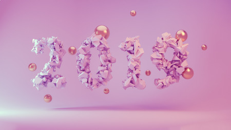 Happy New Year Banner with 2019 trendy pink color Numbers made by shattered cracked stone on study Background with flying golden spheres. abstract 3d illustration.の写真素材