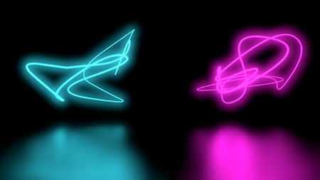 Futuristic Sci-Fi Abstract Purple and blue Neon Light Shapes On Black Background wall and Reflective floor With Empty Space For Text 3D Rendering Illustration.の写真素材