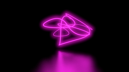 Futuristic Sci-Fi Abstract Purple Neon Light Shapes On Black Background wall and Reflective floor With Empty Space For Text 3D Rendering Illustration.の写真素材