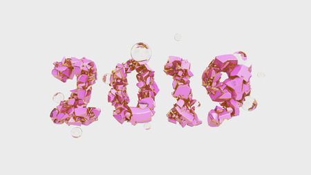 Happy New Year Banner with 2019 trendy pink color and gold Numbers made by shattered cracked stone isolate on white Background with flying glass spheres. abstract 3d illustration.の写真素材