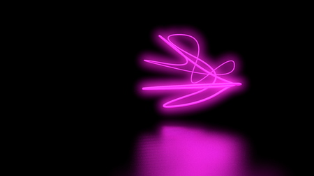 Futuristic Sci-Fi Abstract Purple Neon Light Shapes On Black Background wall and Reflective floor With Empty Space For Text 3D Rendering Illustrationの写真素材