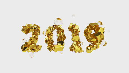 Happy New Year Banner with 2019 trendy pink color Numbers made by shattered cracked gold with flying glass or water spheres isolate on white background. abstract 3d illustrationの写真素材