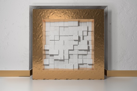 Minimalism, mock up poster, 3d illutration interior. Golden frame in a niche in the white plastered...