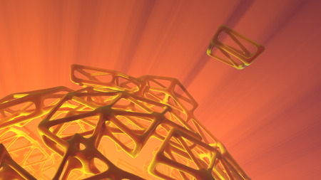 Abstract 3d rendering concept of high poly sphere with chaotic mesh grid cellular mulecular structure. Sci-fi background with polygonal shape in empty space with light god rays. Futuristic design bio medicine illustrationの写真素材