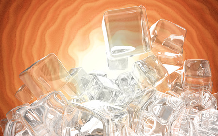 Ice cubes isolated on orange red background 3d illustrationの写真素材