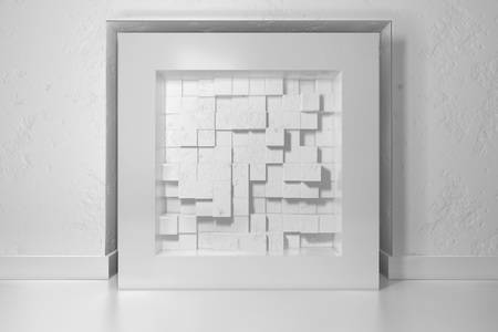 Minimalism, mock up poster, 3d illutration interior. White frame in a niche in the plastered wall...