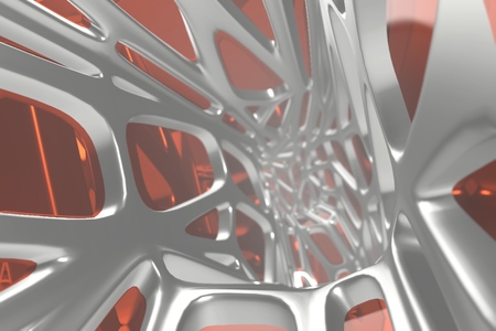 Abstract 3d rendering concept of high poly architecture with steel and glass, chaotic mesh grid cellular mulecular structure. Sci-fi background with polygonal shape in mist or fog air. Futuristic design bio medicine illustrationの写真素材