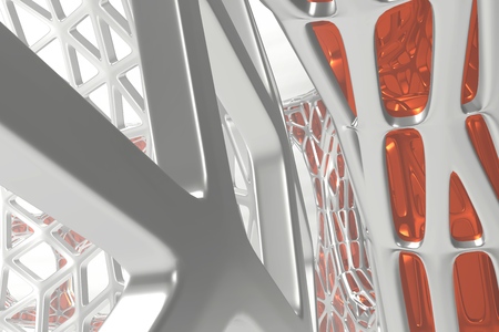 Abstract 3d rendering concept of high poly architecture with steel and glass, chaotic mesh grid cellular mulecular structure. Sci-fi background with polygonal shape in mist or fog air. Futuristic design bio medicine illustrationの写真素材