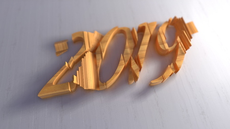 Happy new year 2019 isolated numbers lettering written by wood on white background. Selective focus...