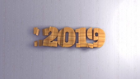 Happy new year 2019 isolated numbers lettering written by wood on white background. Selective focus...