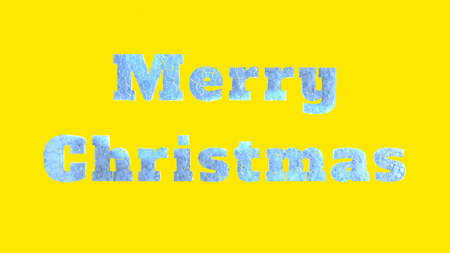 Merry Christmas lettering written by frozen cracked ice isolated on yellow background. 3d illustrationの写真素材
