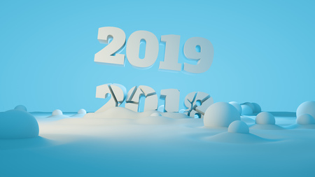 Happy new year 2019 swap 2018 broken isolated numbers lettering written by white stone or paper on blue background full of snowdrifts. 3d illustrationの写真素材