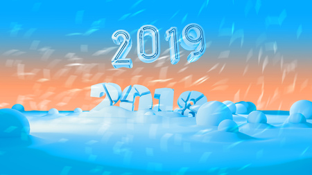 Happy new year 2019 swap 2018 broken isolated numbers lettering written by white stone or paper on blue background full of snowdrifts. 3d illustrationの写真素材