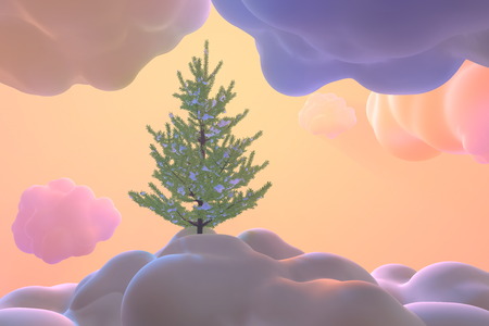 New Year card christmas coniferous tree covered by snow over abstract toon clouds and snowdrifts....