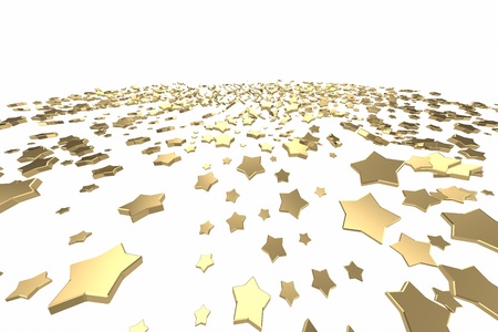 Gold or platinum stars flying over white background. Modeling 3d illustration. wealth rich mining...