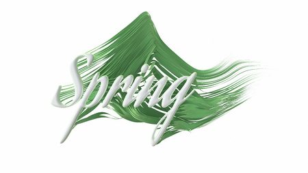 The word Spring lettering made by white plactic and growing green and fresh wavy grass. 3d illustration. Isolated on white backgroundの写真素材
