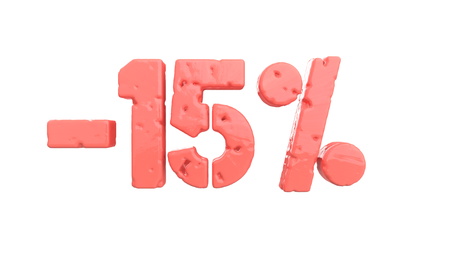 The sign -15off. Made of living coral pink material isolate on white background. 3d illustrationの写真素材