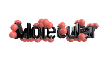 Model of abstract molecular structure with word lettering in trendy living coral color with black. Isolated on white background. 3d renderの写真素材