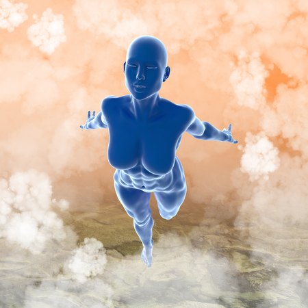 Slim attractive sportswoman flying in the air full of clouds over earth background. Fantasy fairy virtual reality 3d illustrationの写真素材