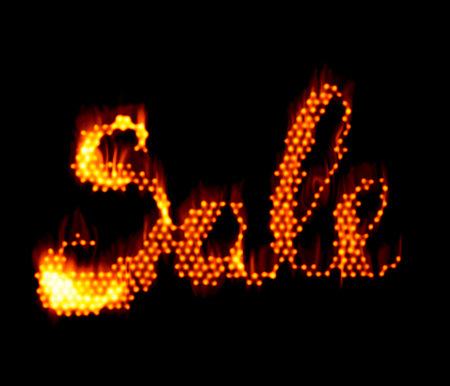 SALE word made of fire in hot sparkly design on black backgroundの写真素材