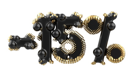 The sign -15off. Made of black plastic or metal and gold isolate on white background. 3d...