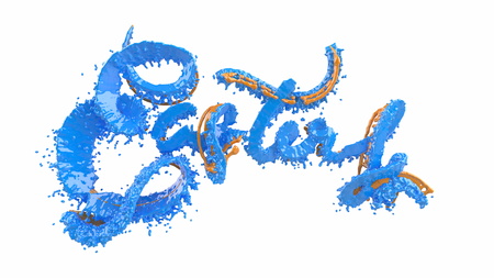 Happy Easter background with made juicy liquid orange and blue splash. Invitation realistic 3d illustration greeting card, ad, promotion, poster, flyer, web-banner, article, social mediaの写真素材