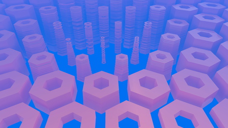 Abstract hexagonal architectural structure in foggy space