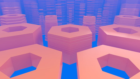 Abstract hexagonal architectural structure in foggy space