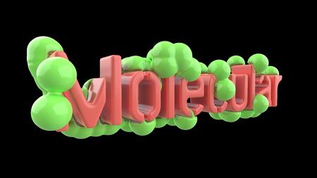 Model of abstract molecular structure with word lettering in trendy pink and green color. Isolated on black background. 3d renderの写真素材