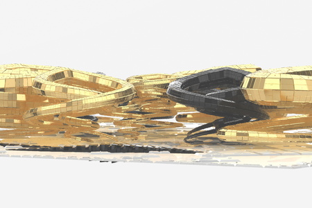 Abstract modern future architecture contains strange-shaped buildings in the form of spirals directed upwards. facade cladding is made in black shiny material, as well as in gold. 3d illustrationの写真素材