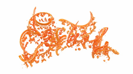 Happy Easter background with made juicy liquid orange splash. Invitation realistic 3d illustration...
