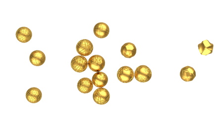 flying hi-tech golden spheres covered with an interesting pattern. Abstract background. Modern cover...
