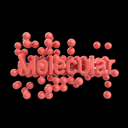 Model of abstract molecular structure with word lettering in trendy pink color. Isolated on back background. 3d renderの写真素材