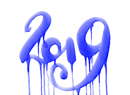 Happy New Year 2019 - Hand drawn colorful watercolor lettering isolated on white backgroundの写真素材