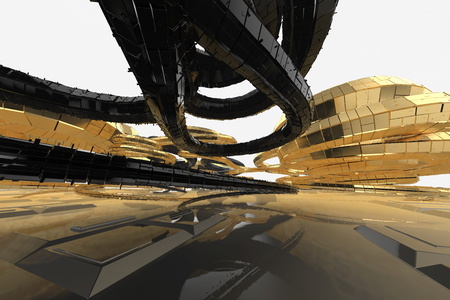 Abstract modern future architecture contains strange-shaped buildings in the form of spirals directed upwards. facade cladding is made in black shiny material, as well as in gold. 3d illustrationの写真素材