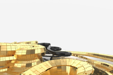 Abstract modern future architecture contains strange-shaped buildings in the form of spirals directed upwards. facade cladding is made in black shiny material, as well as in gold. 3d illustrationの写真素材