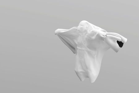Flying White Ghost boy figure covered with a blanket sheet on White Background. Halloween 3d illustrationの写真素材