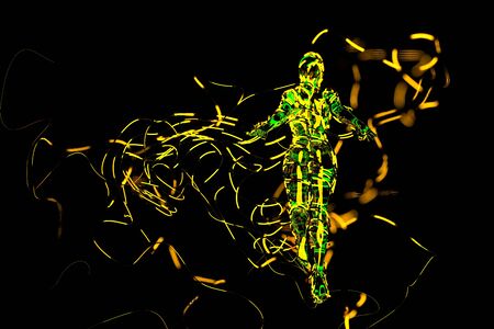 Abstract Flying female figure is wrapped up by branches of magic plant isolated on black background....