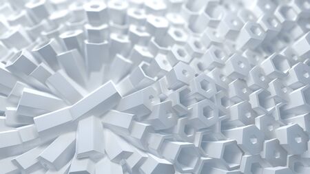 Abstract 3d illustration wall background. White and shiny Hexagonal structure Selective focus macro...