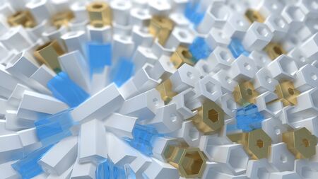 Abstract 3d illustration wall background. White and shiny Hexagonal structure Selective focus macro...