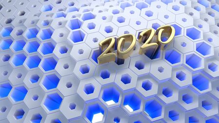 Happy New Year Banner with 2020 Numbers lettering made by Gold on hexagonal honeycomb modern grid structure. abstract 3d illustrationの写真素材