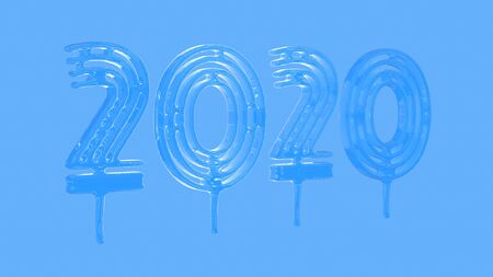 Happiness for the New Year 2020 lettering made by glass. Isolated on blue background 3d illustrationの写真素材