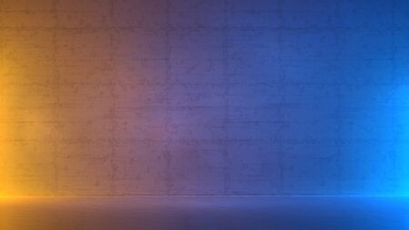 abstract background with cement wall illuminated on the left and right by orange and blue light sources. Pure composition with free space for your designs. 3d illustration mockupの写真素材