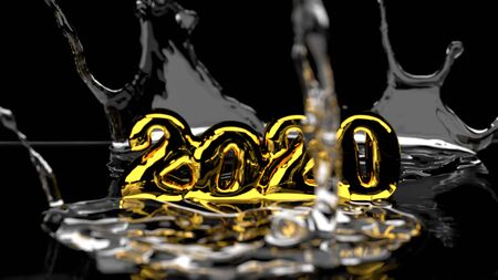 Happy New Year 2020 lettering made by gold and water splash around it. Isolated on black background....